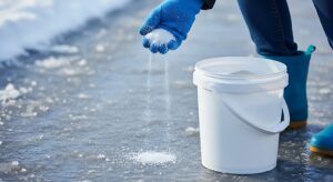 gloved hand sprinkling salt on sidewalk to melt ice