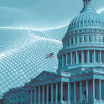 Undulating data dots behind the U.S. Capitol building and American flag.