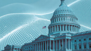 Undulating data dots behind the U.S. Capitol building and American flag.